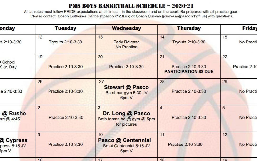 Boys Basketball Schedule | Pasco Middle School